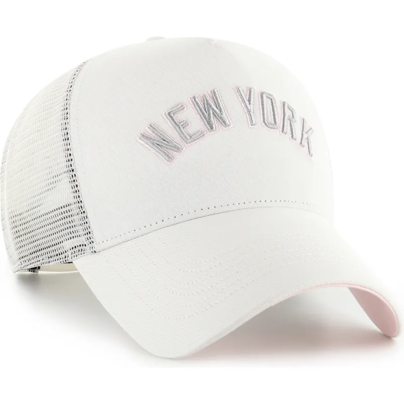 beige-og-lyserod-trucker-kasket-offside-dt-soft-glow-script-fra-new-york-yankees-mlb-fra-47-brand