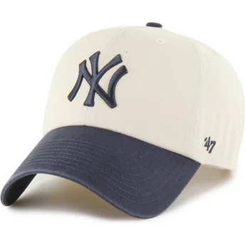 47 Brand Curved Brim Clean Up Two Tone No Loop Label New York Yankees MLB Beige and Navy Blue Adjustable Cap