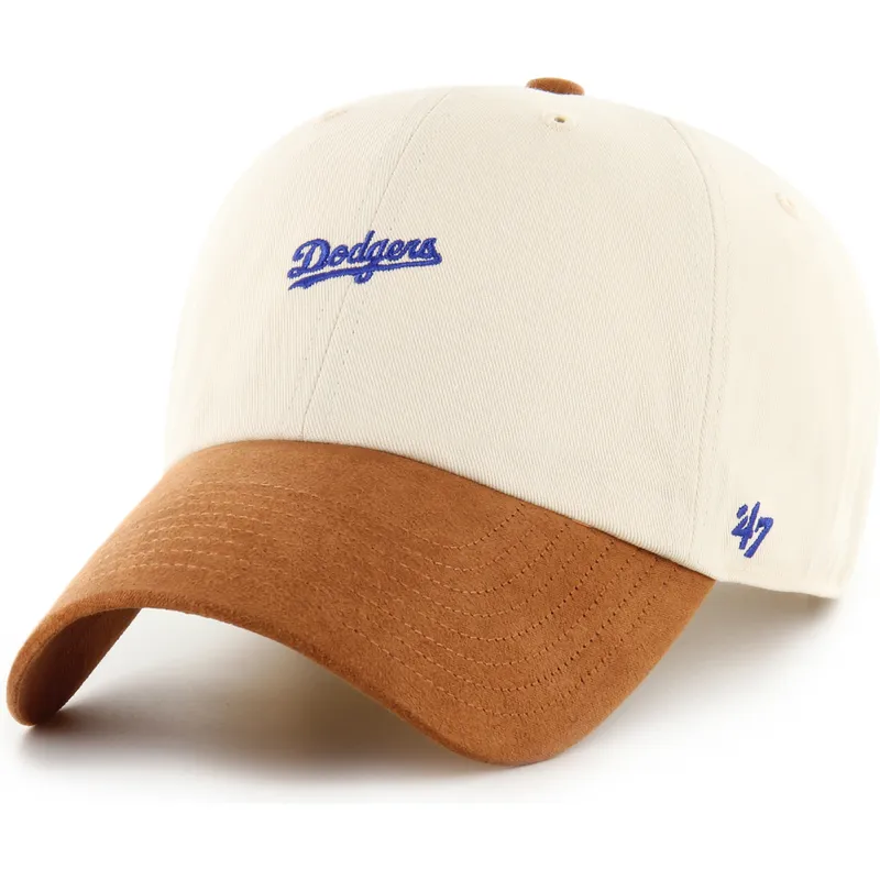 casquette-courbee-beige-et-marron-ajustable-clean-up-mini-script-suede-visor-los-angeles-dodgers-mlb-47-brand