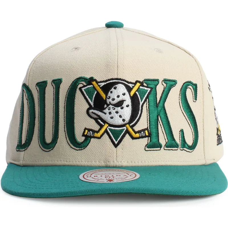 mitchell-ness-flat-brim-across-the-board-anaheim-ducks-nhl-green-and-beige-snapback-cap