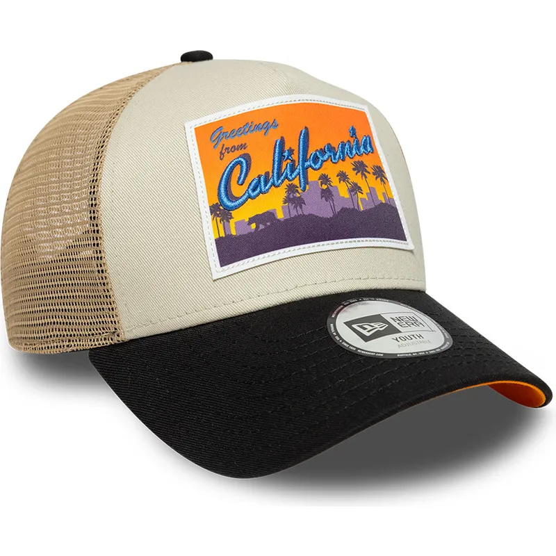 casquette-trucker-beige-pour-enfant-a-frame-location-patch-california-new-era