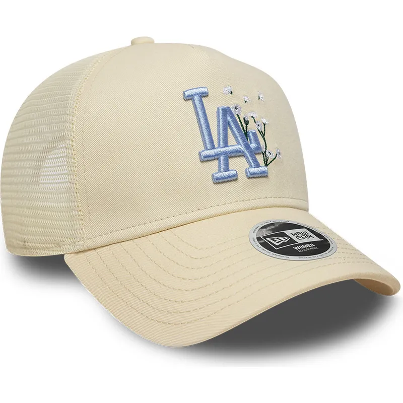 beige-trucker-cap-mit-blauem-logo-fur-damen-9forty-a-frame-floral-der-los-angeles-dodgers-mlb-von-new-era