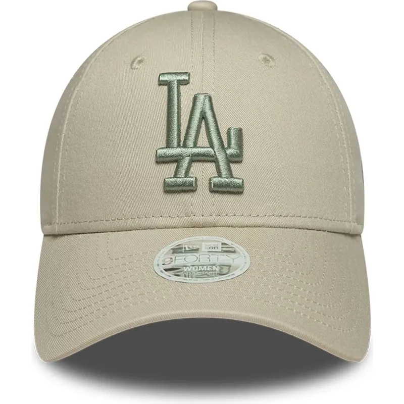 new-era-curved-brim-women-green-logo-9forty-league-essential-los-angeles-dodgers-mlb-beige-adjustable-cap