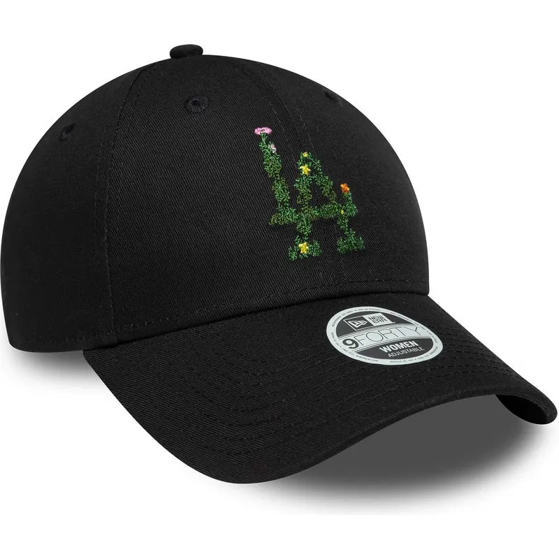 schwarze-verstellbare-curved-cap-fur-damen-9forty-floral-infill-der-los-angeles-dodgers-mlb-von-new-era