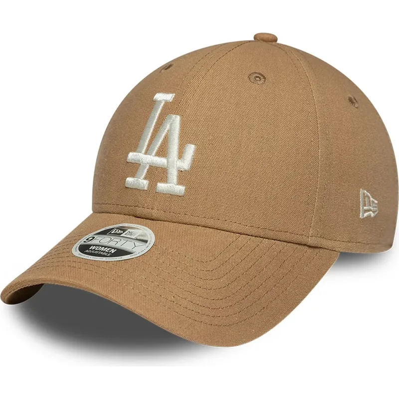 braune-gebogene-verstellbare-damenkappe-9forty-linen-der-los-angeles-dodgers-mlb-von-new-era