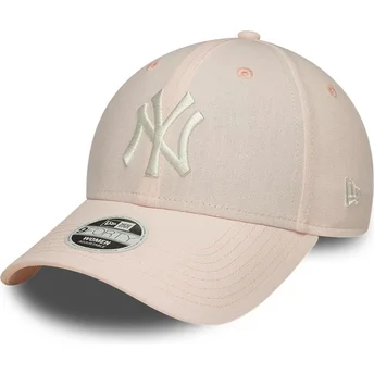 New Era Извита Периферия Дамска 9FORTY Ленена New York Yankees MLB Светлорозова Регулируема Шапка
