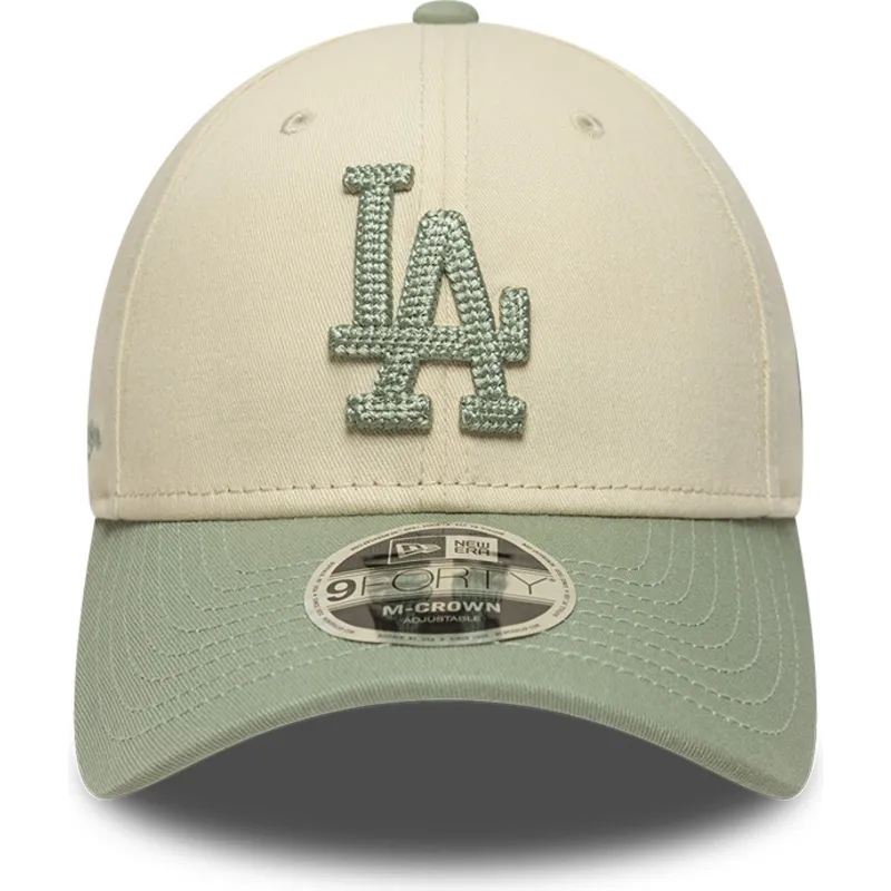 casquette-courbee-beige-et-verte-snapback-avec-logo-vert-9forty-m-crown-side-script-los-angeles-dodgers-mlb-new-era