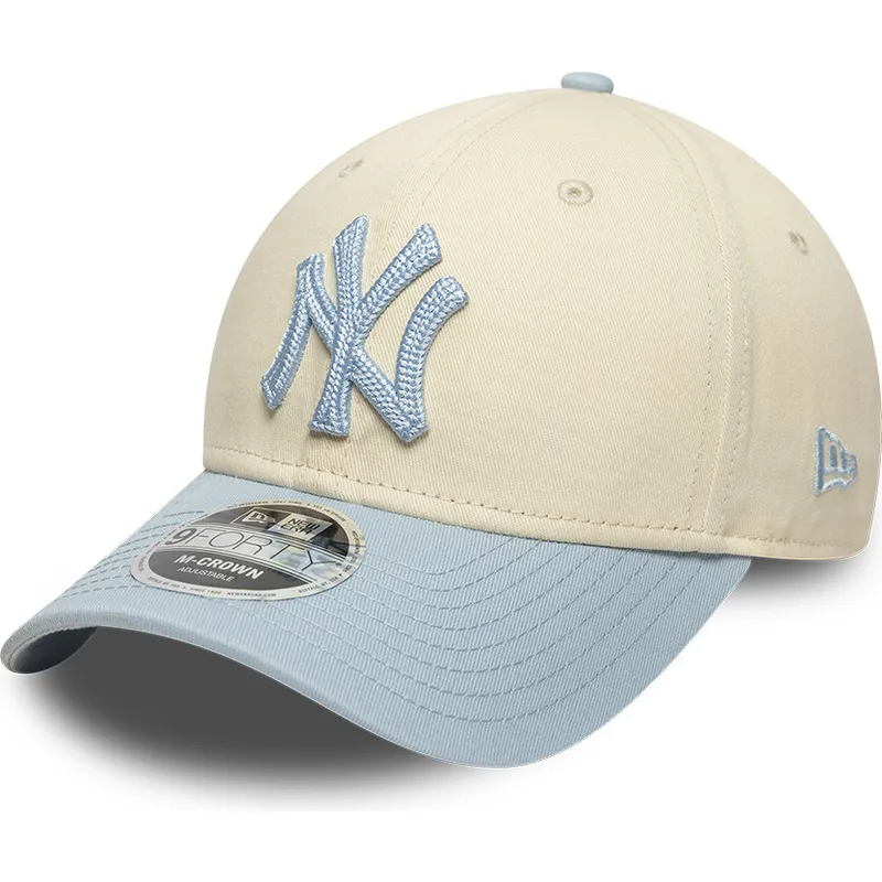 beige-und-blaue-gebogene-snapback-kappe-mit-blauem-logo-9forty-m-crown-side-script-der-new-york-yankees-mlb-von-new-era
