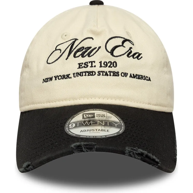buet-beige-og-sort-justerbar-kasket-9twenty-wash-distress-a-frame-fra-new-era