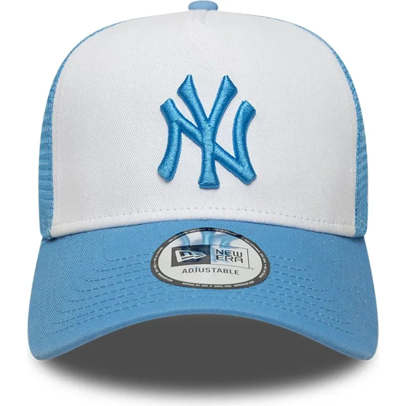trucker-cap-blau-und-weiss-mit-blauem-logo-a-frame-league-essential-von-new-york-yankees-mlb-von-new-era