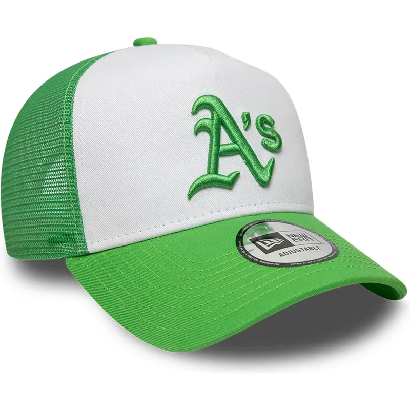grune-und-weisse-trucker-cap-mit-grunem-logo-a-frame-league-essential-von-oakland-athletics-mlb-von-new-era
