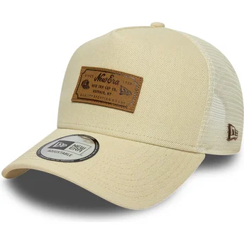 New Era A Frame Denim Leather Patch Beige Trucker Hat