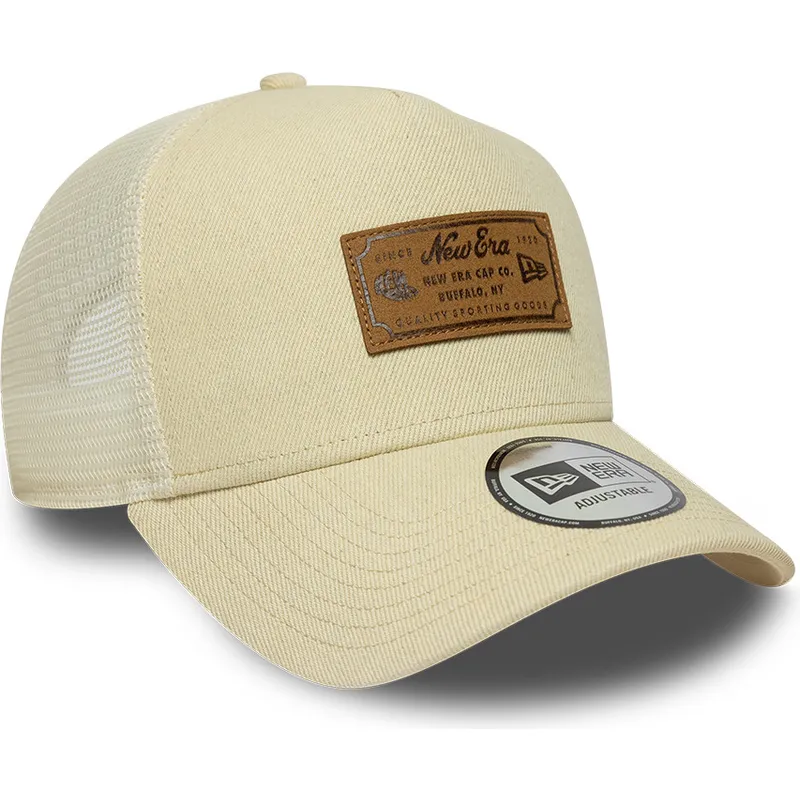 casquette-trucker-beige-a-frame-denim-leather-patch-new-era