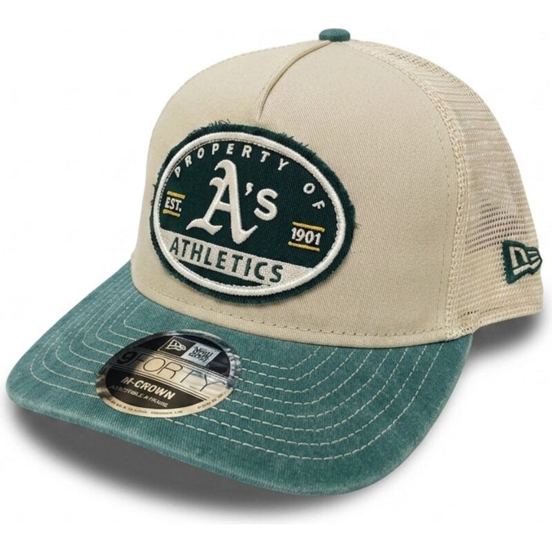 shapka-izvita-traker-bezhov-snapbek-9forty-m-crown-a-frame-fray-na-oakland-athletics-mlb-ot-new-era