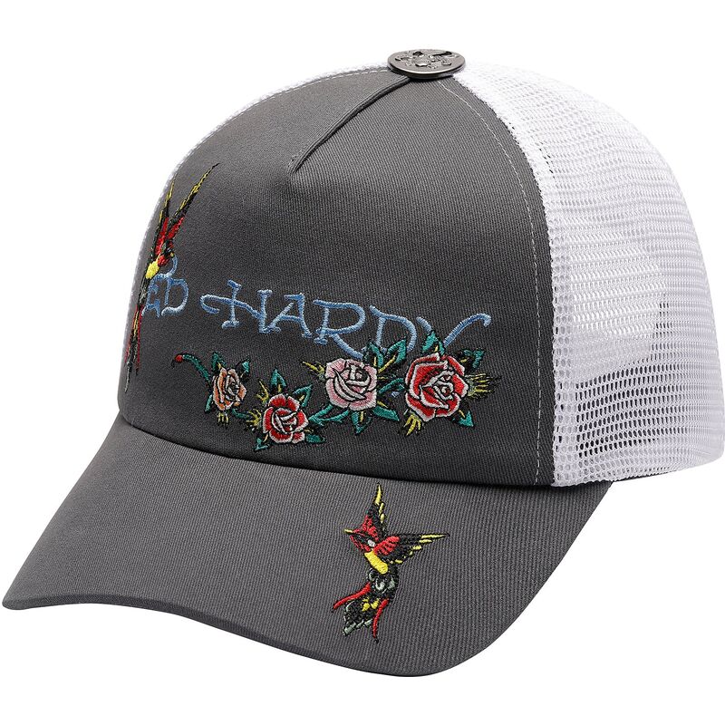 shapka-izvita-traker-siv-snapbek-floral-swallow-ot-ed-hardy