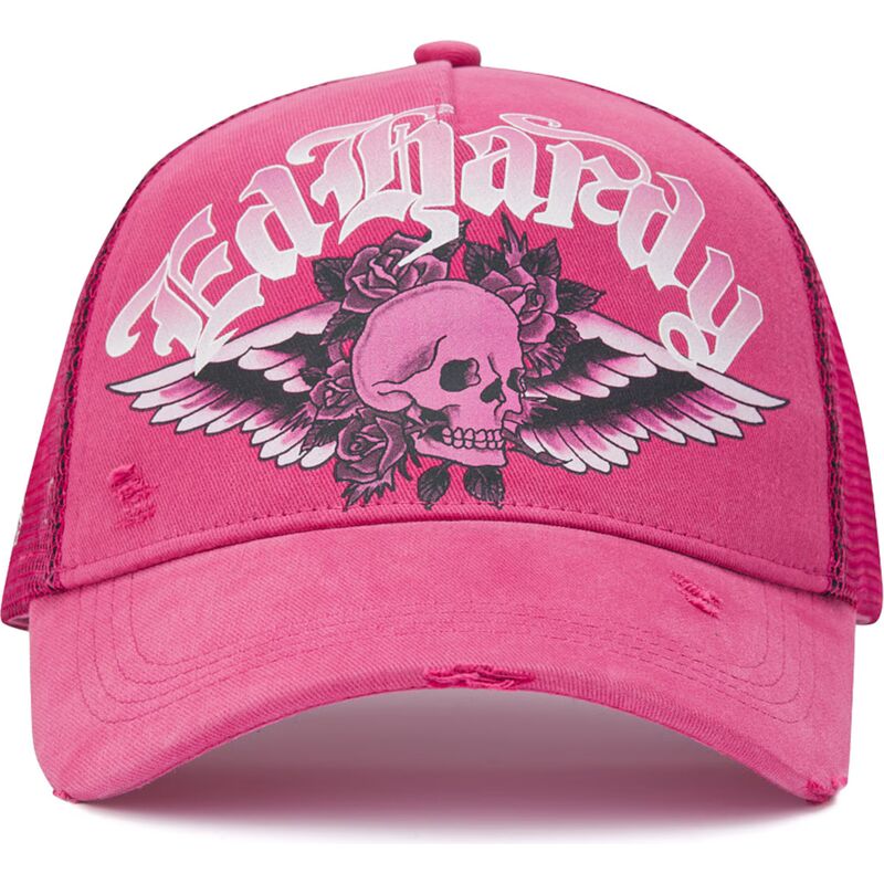 shapka-izvita-traker-roza-snapbek-flaming-gothic-skull-washed-ot-ed-hardy