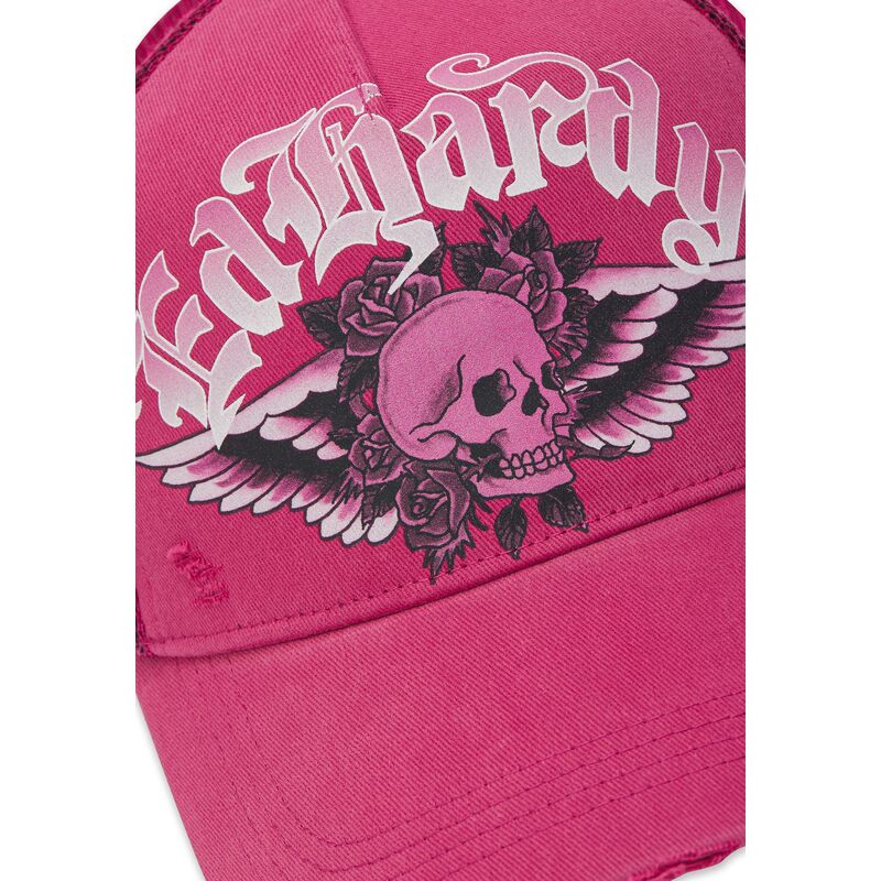 shapka-izvita-traker-roza-snapbek-flaming-gothic-skull-washed-ot-ed-hardy